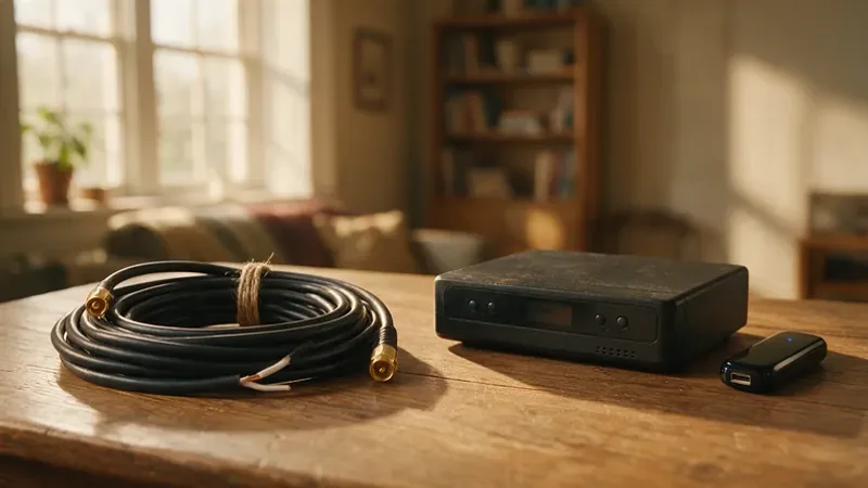 A coiled coaxial cable and an old cable box beside a modern streaming stick