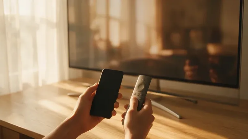 A hand holding a phone and a TV remote in front of a glowing television screen