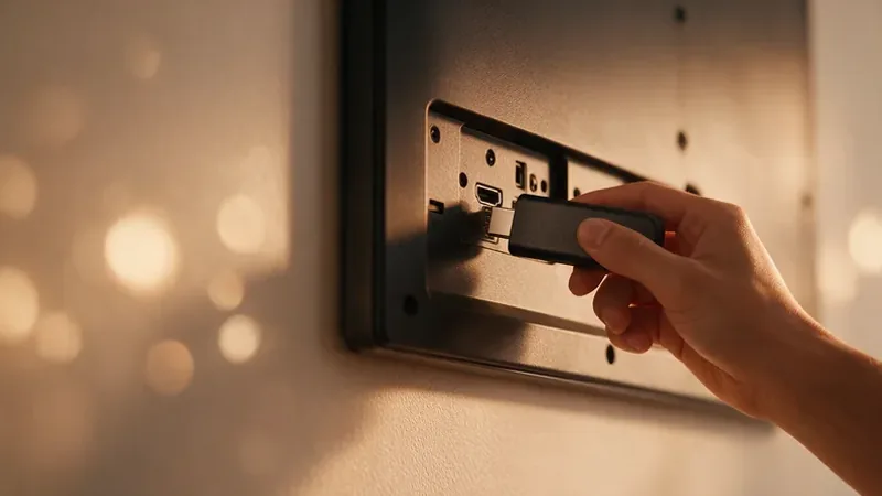 A streaming stick being plugged into the HDMI port of a wall-mounted television