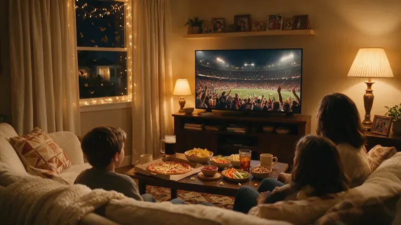 A living room television showing a football crowd during an evening game