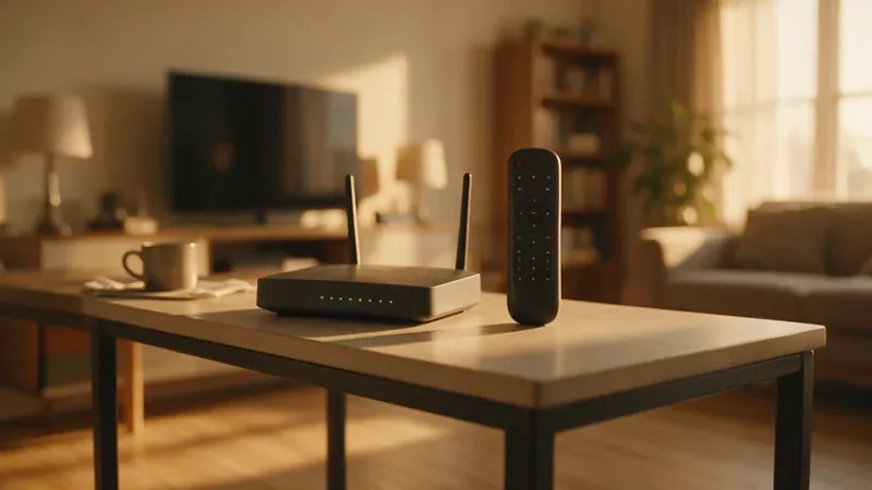 A wifi router with status lights beside a television remote on a console table